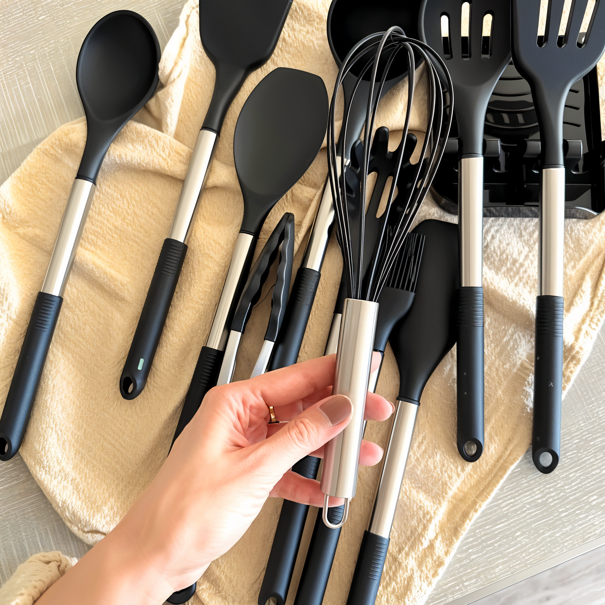 Silicone Cooking Utensil Set 12-Piece with Stainless Steel Handles and Countertop Holder for Home Kitchen Prep Stirring Whisking Serving | Thomler
