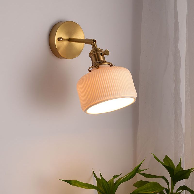 Ceramic Wall Sconce with Geometric Metal Mount – White Hardwired Fixture for Bedroom, Hallway & Bath | Thomler