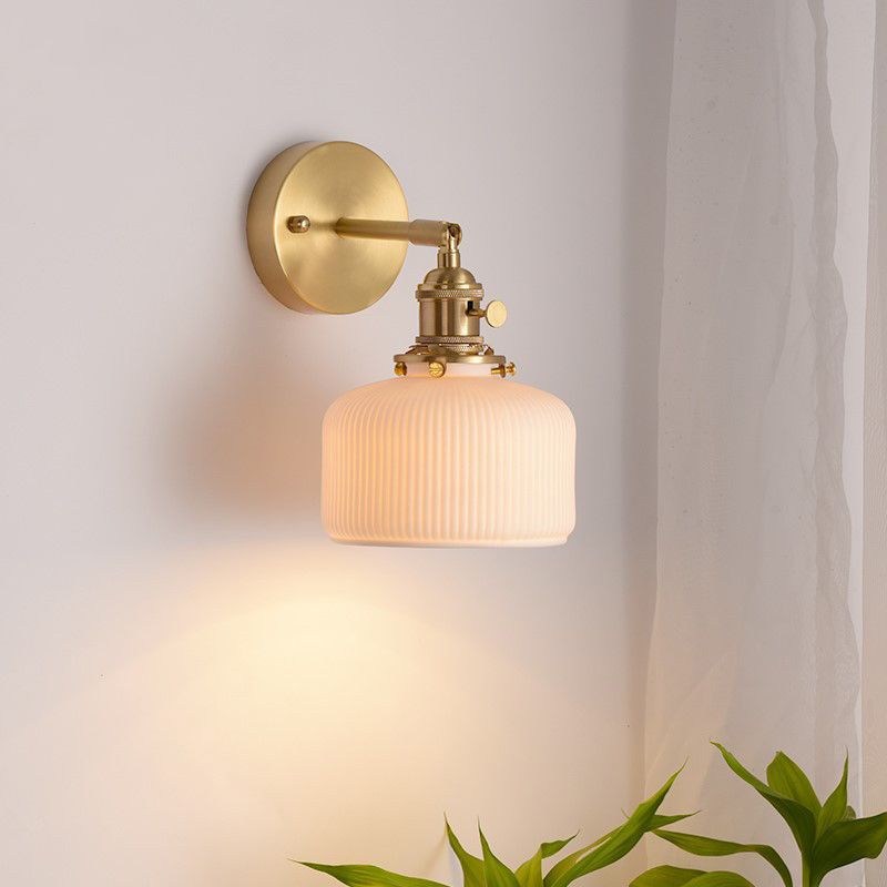 Ceramic Wall Sconce with Geometric Metal Mount – White Hardwired Fixture for Bedroom, Hallway & Bath | Thomler