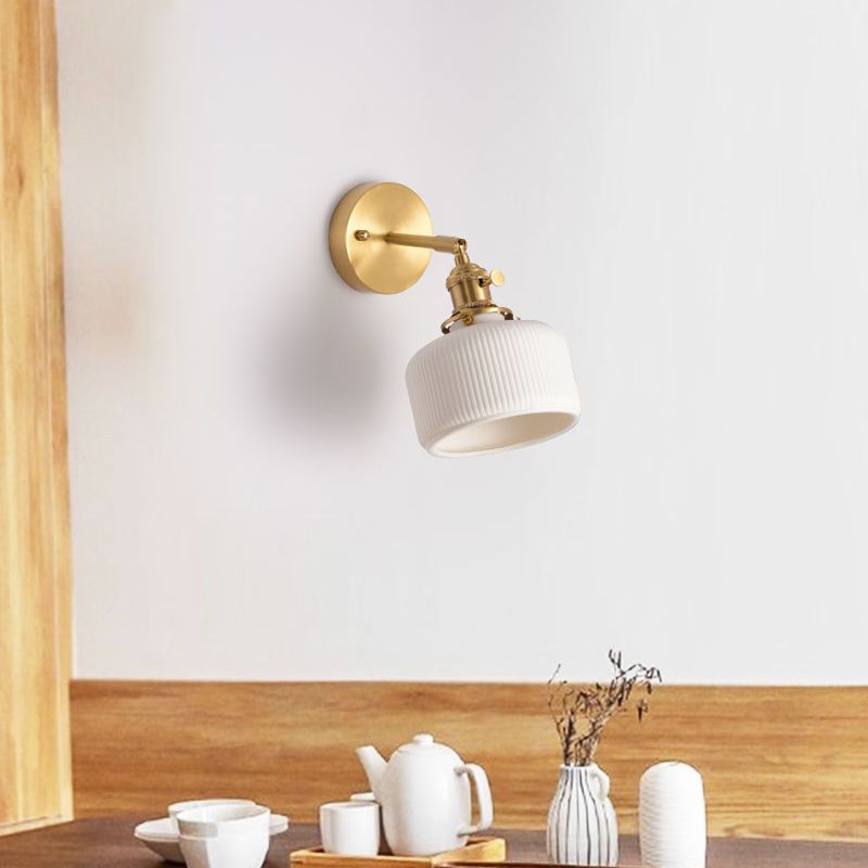 Ceramic Wall Sconce with Geometric Metal Mount – White Hardwired Fixture for Bedroom, Hallway & Bath | Thomler