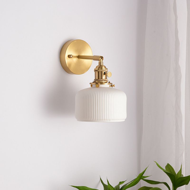 Ceramic Wall Sconce with Geometric Metal Mount – White Hardwired Fixture for Bedroom, Hallway & Bath | Thomler