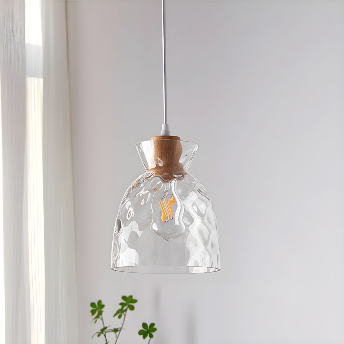 Pendant Light Glass Wood 10.6 in Adjustable Dining Room Kitchen Island Hanging Ceiling Lamp Scandinavian Minimalist Clear Shade | Thomler