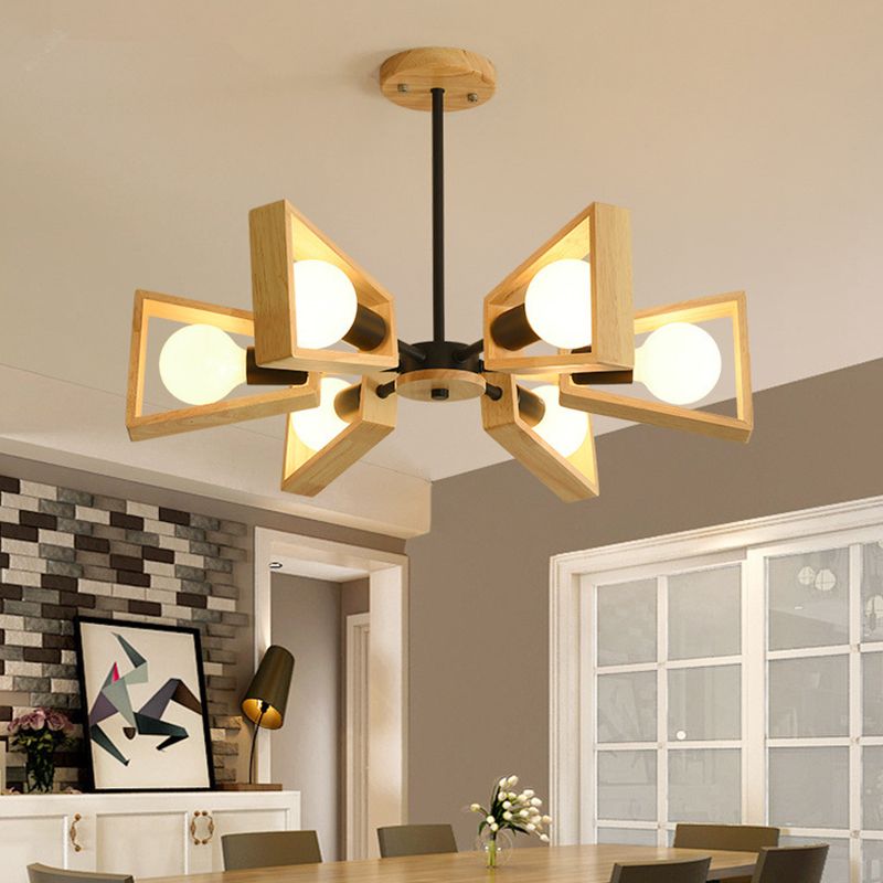Sputnik Chandelier with Wood Accents - Mid-Century Modern Ceiling Light for Living Room & Dining Room - Geometric Metal Frame Design | Thomler