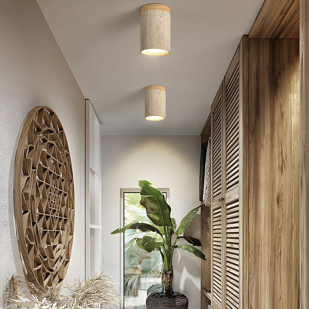 Ceiling Lamp Travertine Stone Solid Wood 25.0 cm Beige Hallway Bedroom Living Room Soft Ambient Lighting | Thomler