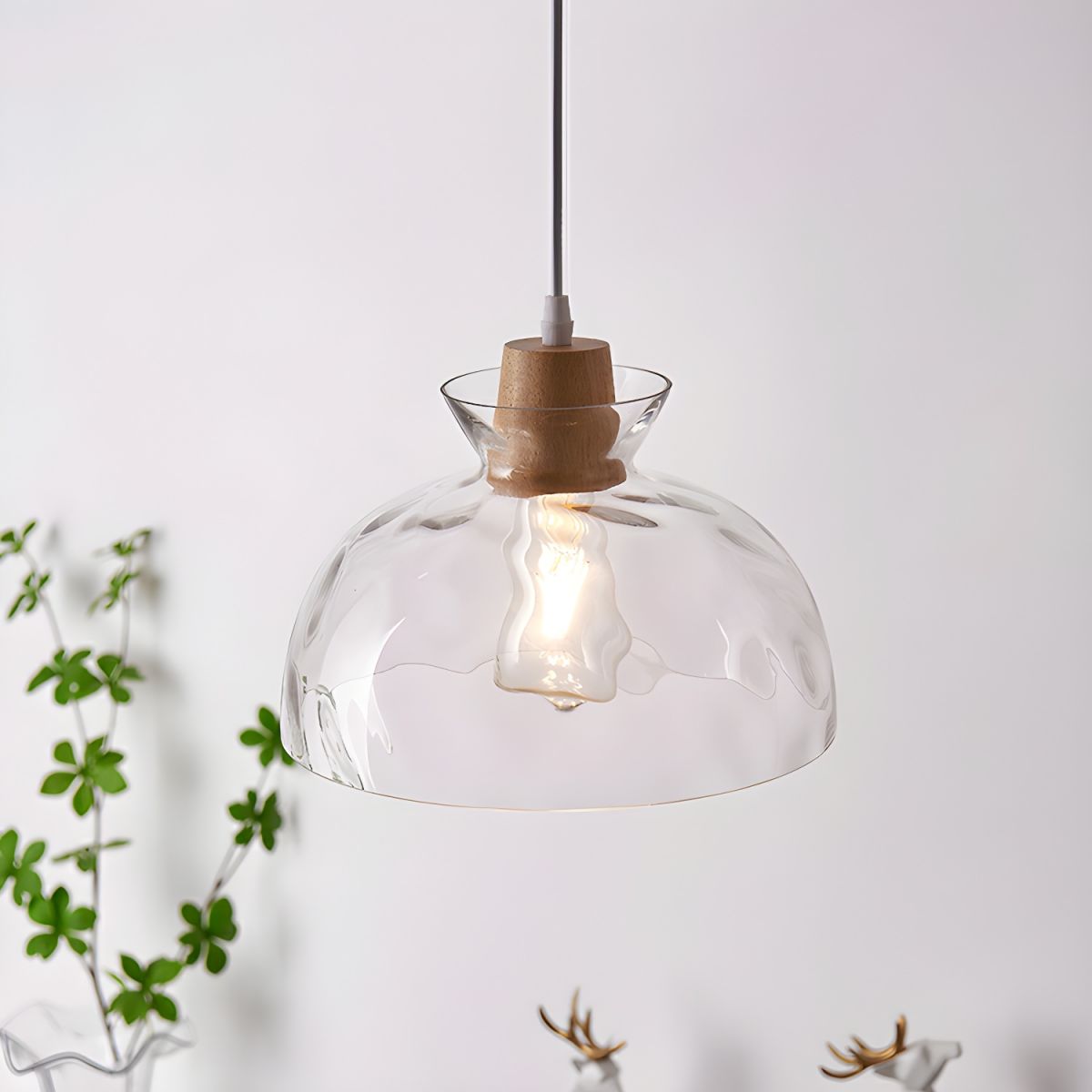 Pendant Light Glass Wood 10.6 in Adjustable Dining Room Kitchen Island Hanging Ceiling Lamp Scandinavian Minimalist Clear Shade | Thomler
