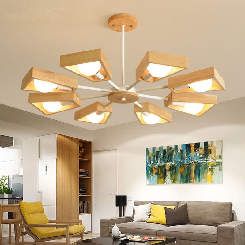 Sputnik Chandelier with Wood Accents - Mid-Century Modern Ceiling Light for Living Room & Dining Room - Geometric Metal Frame Design | Thomler