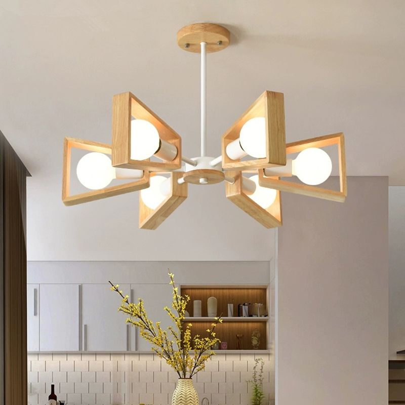 Sputnik Chandelier with Wood Accents - Mid-Century Modern Ceiling Light for Living Room & Dining Room - Geometric Metal Frame Design | Thomler
