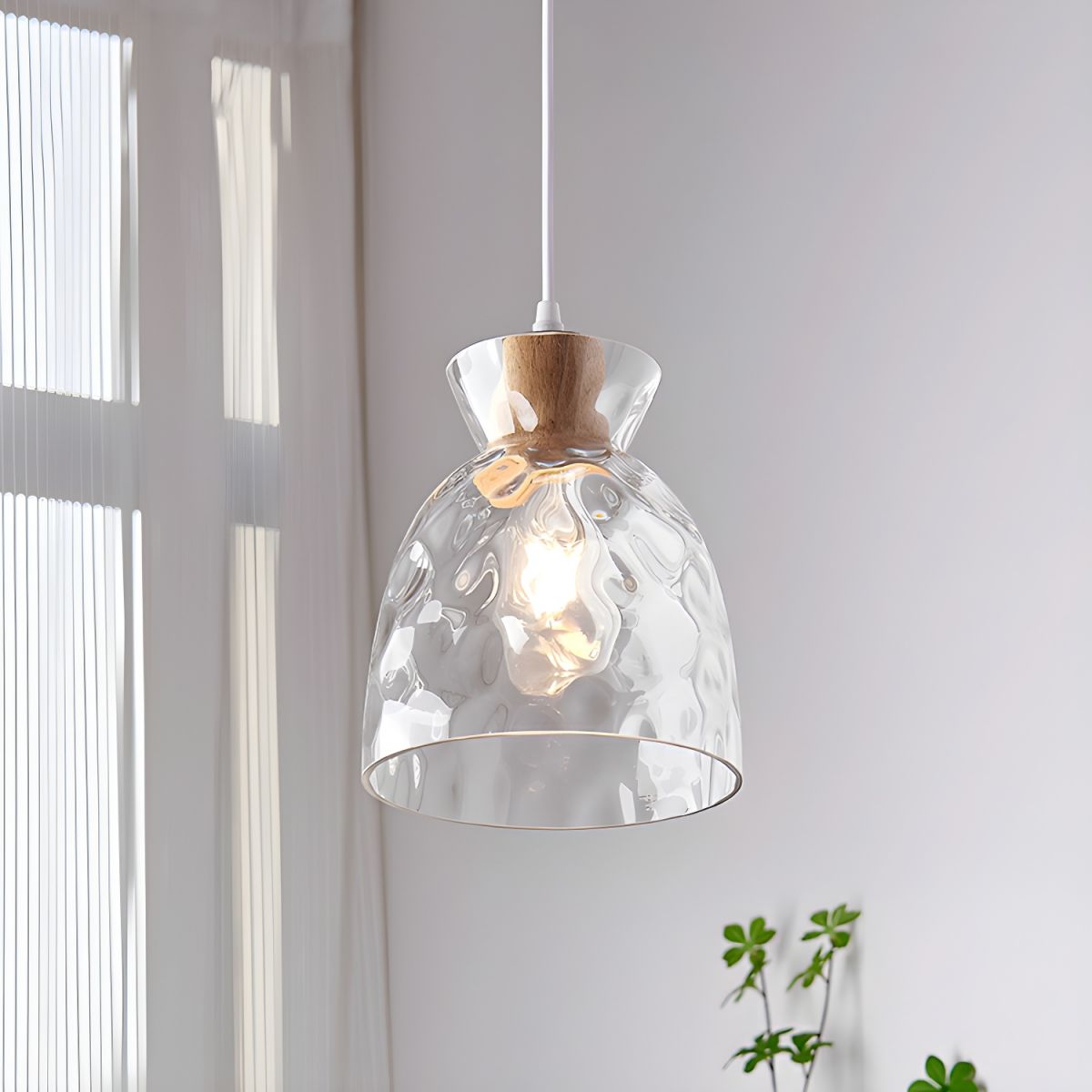 Pendant Light Glass Wood 10.6 in Adjustable Dining Room Kitchen Island Hanging Ceiling Lamp Scandinavian Minimalist Clear Shade | Thomler