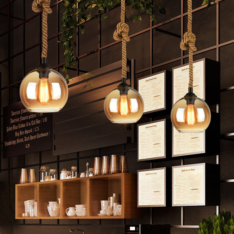 Spherical Glass Shade Ceiling Fixture with Rope Suspension – Rustic Farmhouse Lighting for Kitchens, Dining Rooms & Entryways | Thomler