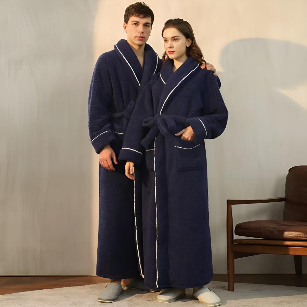 Plush Coral Fleece Bathrobe with Shawl Collar & Pockets – Unisex Lounge Robe for Year-Round Wear | Thomler