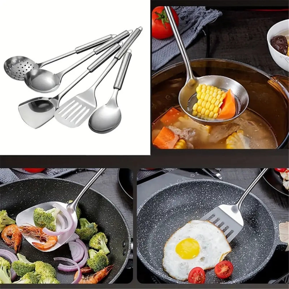 Kitchen Utensil Set Stainless Steel 5-Piece Kit Spatula Ladle Skimmer Tools Heat Resistant Professional Chef Cookware for Home Restaurant | Thomler