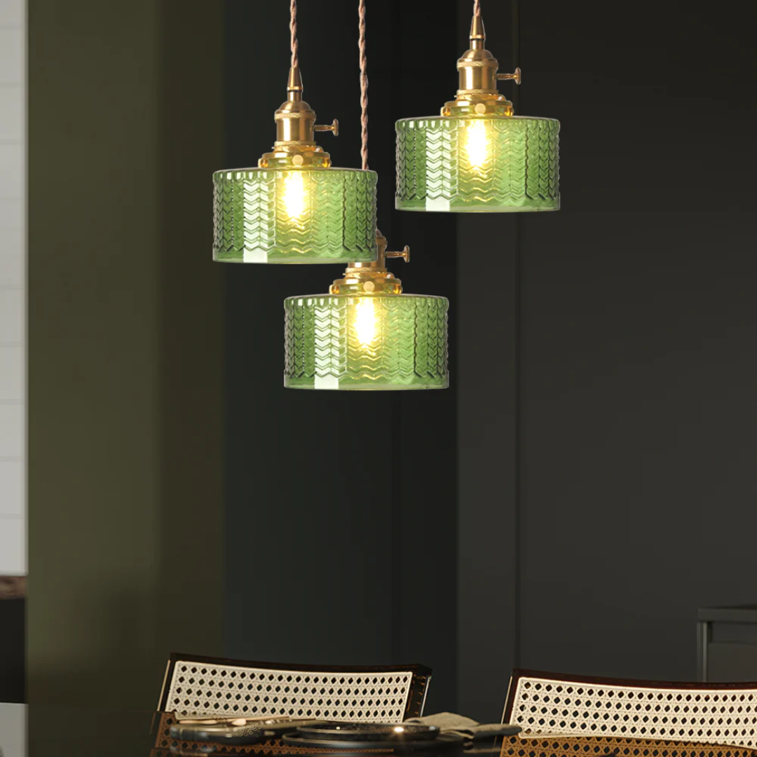 Pendant Light Ribbed Glass E27 Green Adjustable 150.0 cm Dining Room Kitchen Island Hanging Ceiling Lamp | Thomler