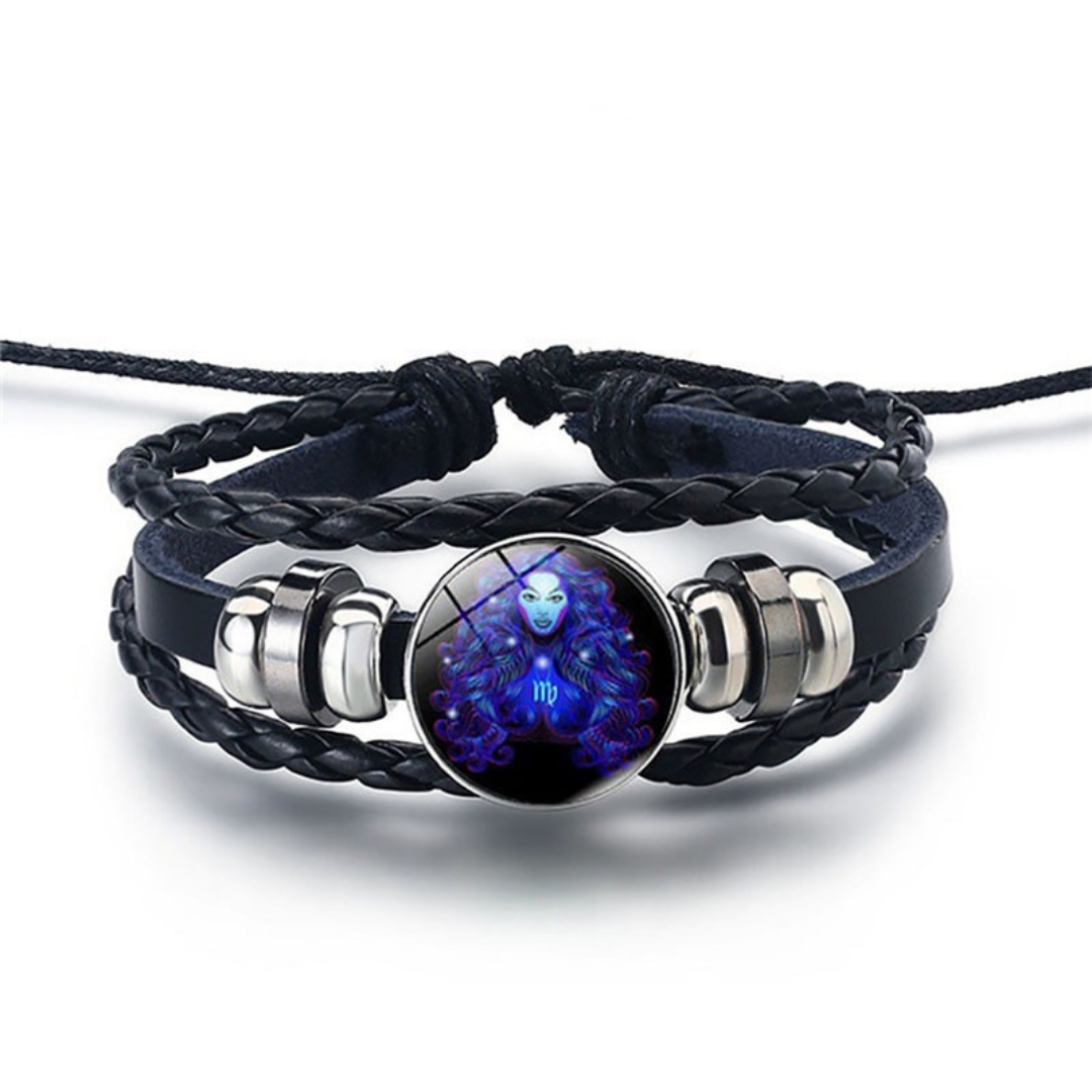 Adjustable Leather Zodiac Bracelet with Blue Stone Charm for Men & Women | Classic Wrist Cuff with Astrology Symbol | Handcrafted Steel & | Thomler
