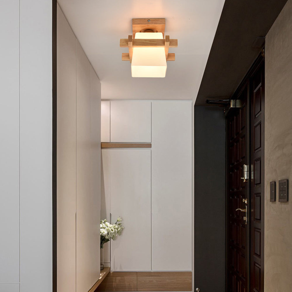 Ceiling Light Wood E27 20.0 cm White Japandi Hallway Bedroom Living Room Square Flush Mount Lamp | Thomler