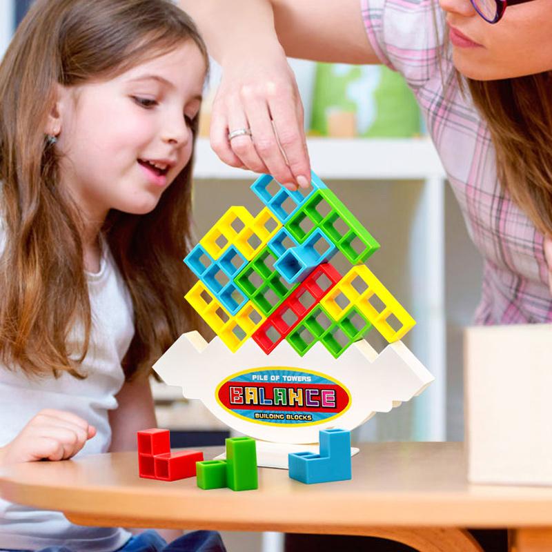 Wooden Stacking Tower Game for Kids - Tumbling Block Balance Challenge with Colorful Tetris Shapes for Toddlers & Children Ages 3+ | Thomler