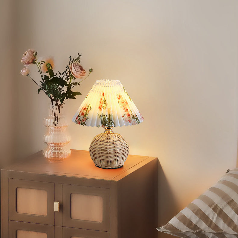 Nordic Rattan Table Lamp with Fabric Shade, USB Powered & Infinitely Dimmable LED Light for Bedroom, Living Room, Study | Thomler