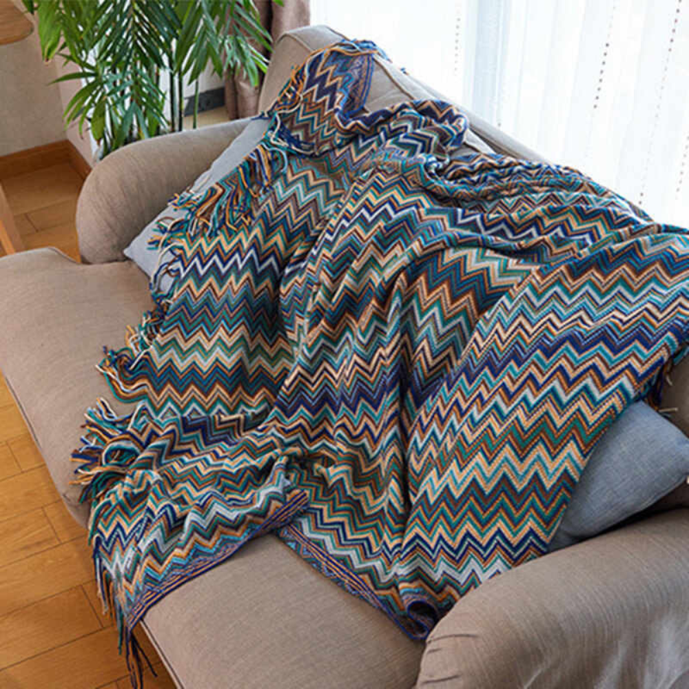 Chevron Knit Throw Blanket with Fringe Trim – Lightweight Acrylic for Year-Round Comfort | Thomler