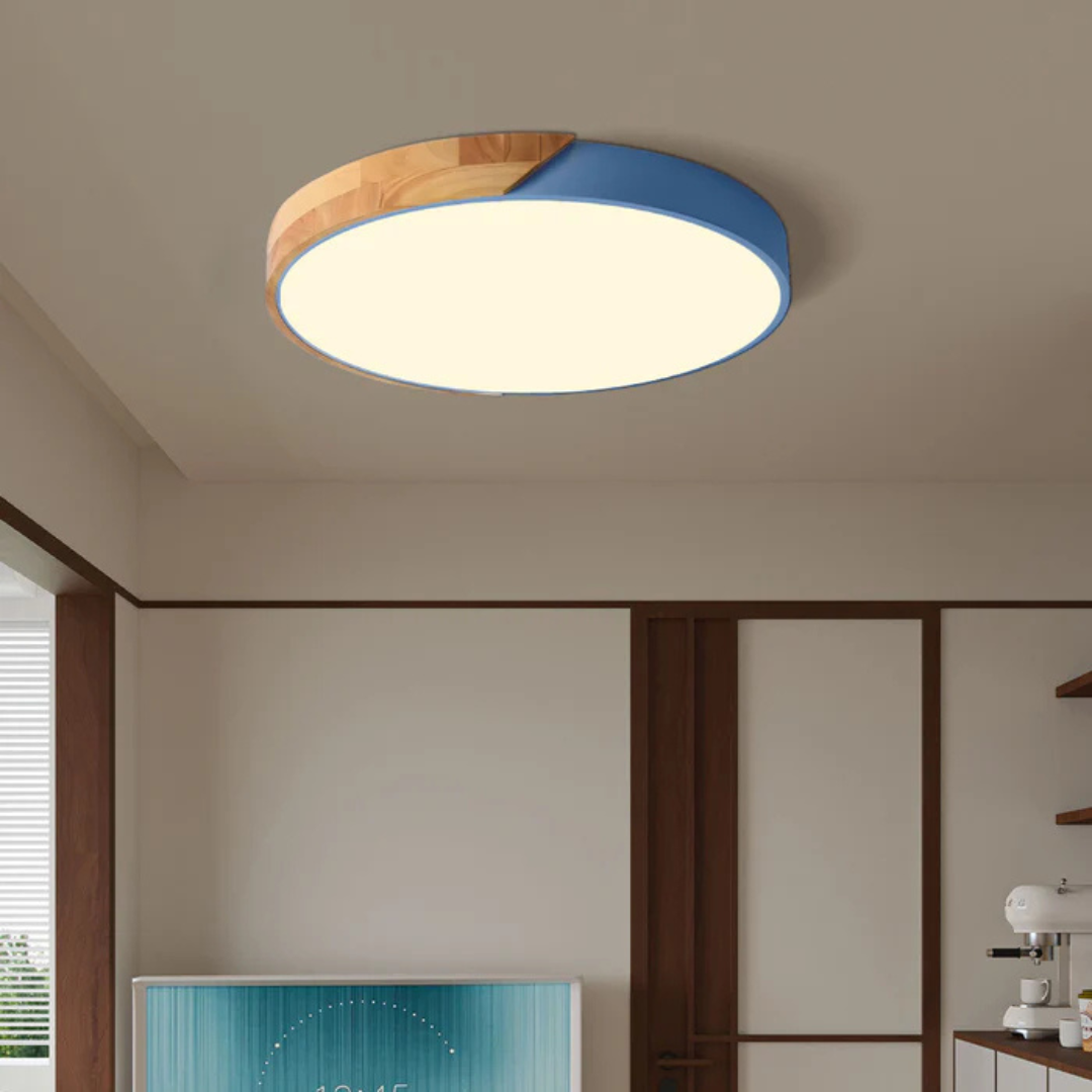 Round Wood Ceiling Light Fixture | Modern Scandinavian LED Flush Mount for Bedroom Living Room Kitchen | Thomler