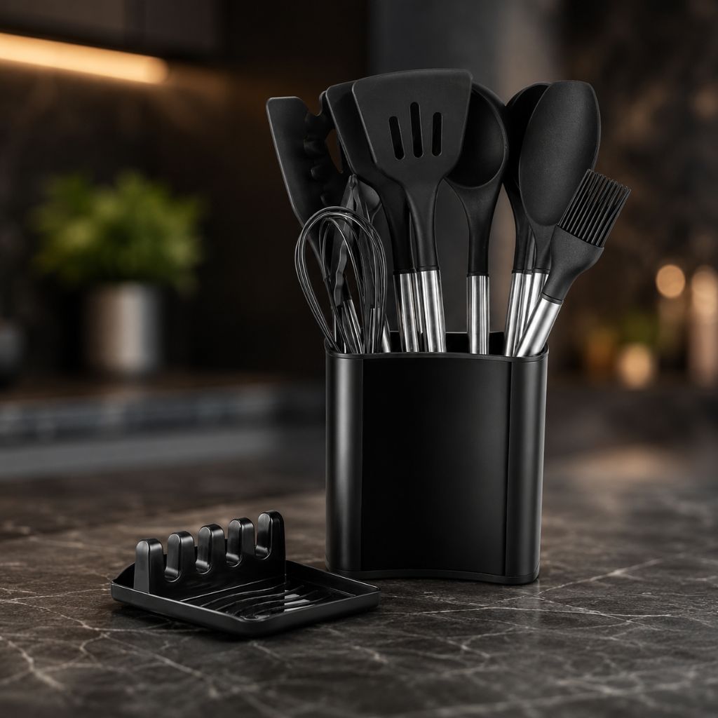 Cooking Tool Set 13-Piece Heat-Safe Nonstick Kitchen Utensils Gray Black Khaki with Caddy for Home Chefs Baking Stovetop Use | Thomler