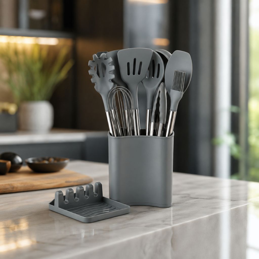 Cooking Tool Set 13-Piece Heat-Safe Nonstick Kitchen Utensils Gray Black Khaki with Caddy for Home Chefs Baking Stovetop Use | Thomler