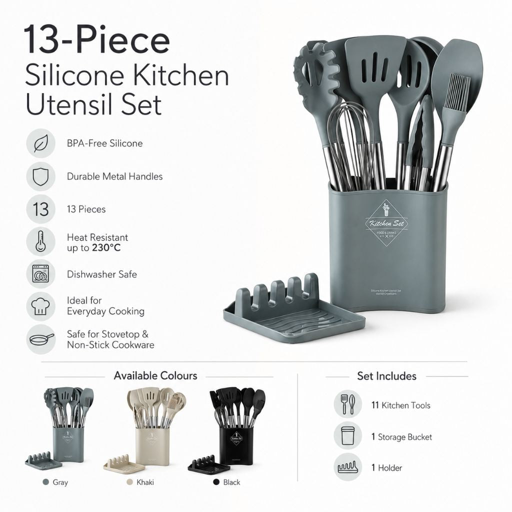 Cooking Tool Set 13-Piece Heat-Safe Nonstick Kitchen Utensils Gray Black Khaki with Caddy for Home Chefs Baking Stovetop Use | Thomler