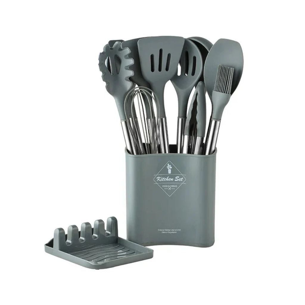 Cooking Tool Set 13-Piece Heat-Safe Nonstick Kitchen Utensils Gray Black Khaki with Caddy for Home Chefs Baking Stovetop Use | Thomler