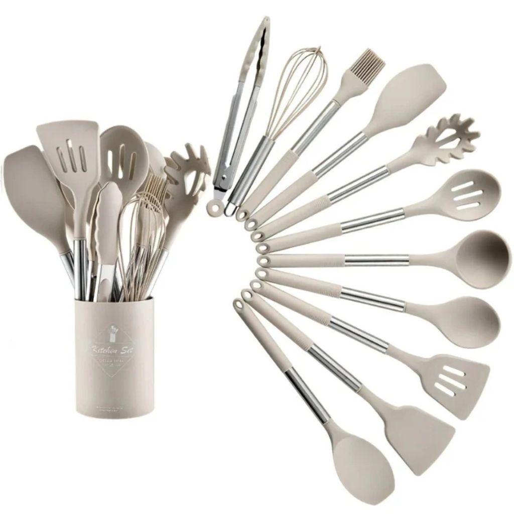 Cooking Tool Set 13-Piece Heat-Safe Nonstick Kitchen Utensils Gray Black Khaki with Caddy for Home Chefs Baking Stovetop Use | Thomler