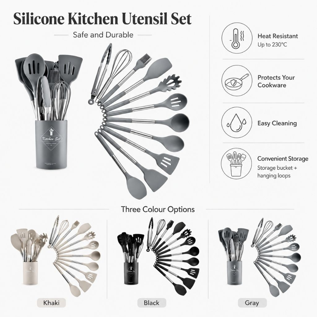 Cooking Tool Set 13-Piece Heat-Safe Nonstick Kitchen Utensils Gray Black Khaki with Caddy for Home Chefs Baking Stovetop Use | Thomler