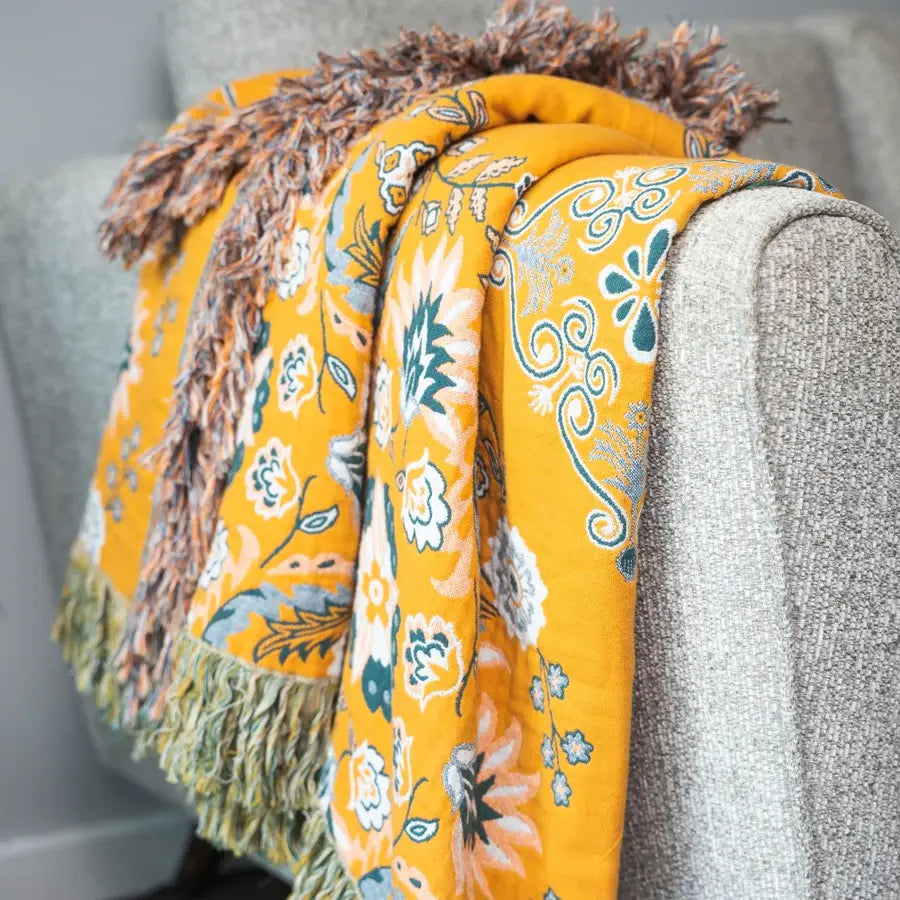 Reversible Cotton Throw Blanket with Tassels – Bohemian Floral Design for Couch, Sofa, or Bed – Warm & Decorative Home Accent | Thomler