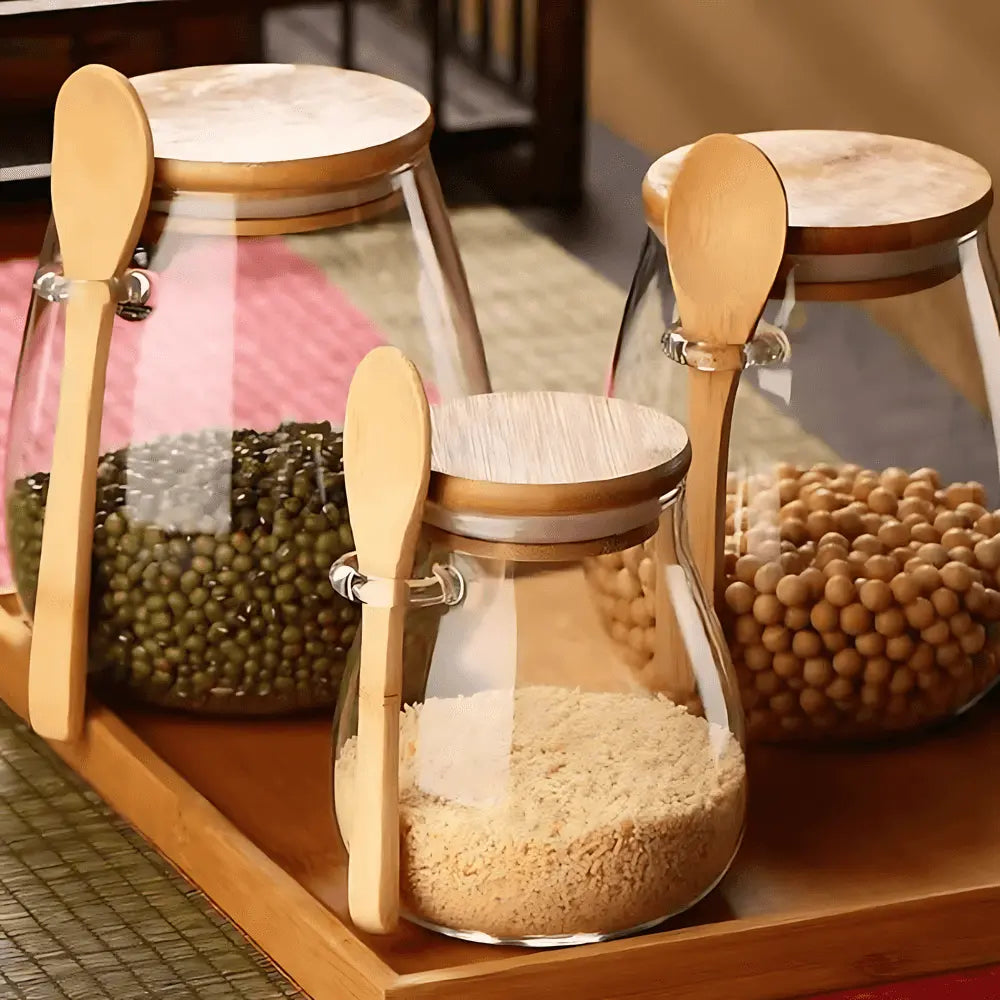 Storage Jar Glass Airtight Bamboo Lid Tea Coffee Kitchen Organiser Dry Food Canister With Spoon | Thomler