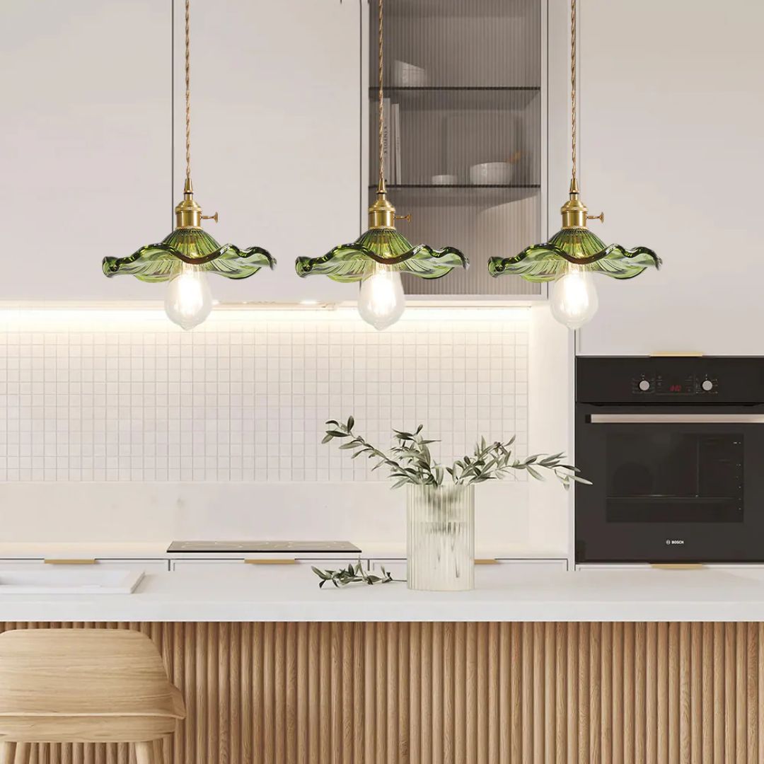Pendant Light Glass Brass Flower Shade 23.0 cm Green Dining Room Bedroom Hanging Ceiling Lamp Retro Vintage Decorative | Thomler