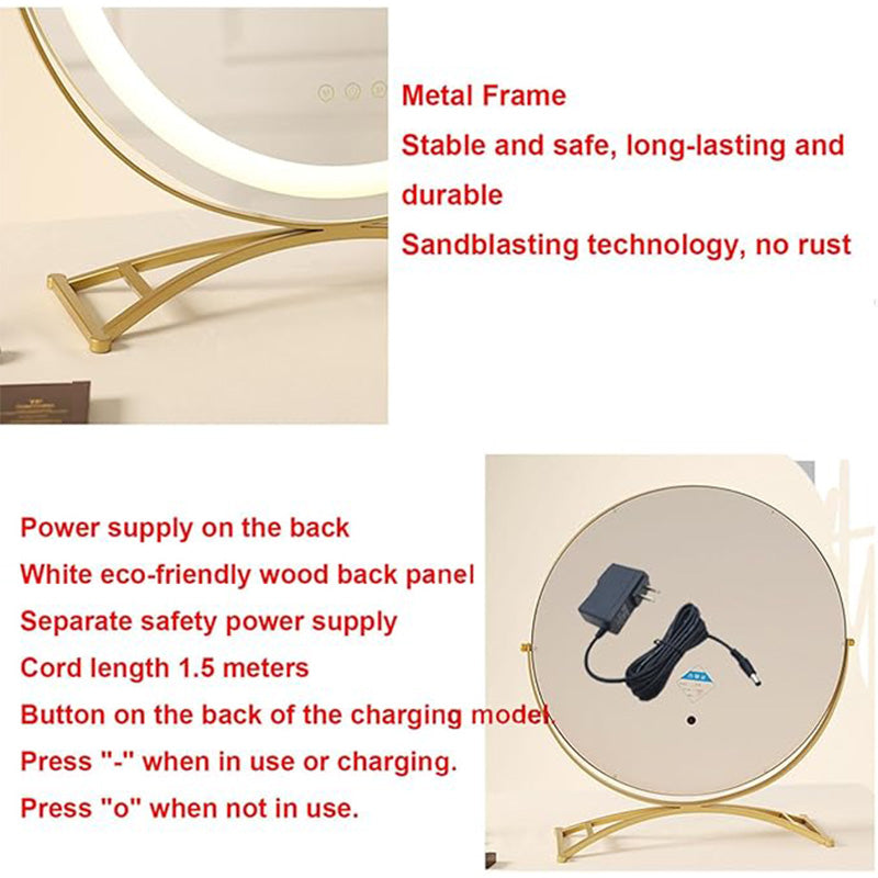 Makeup Mirror Metal Frame 40.0 cm LED Lighted Vanity Tabletop Rotating Dimmable Rechargeable Beauty Grooming Mirror | Thomler