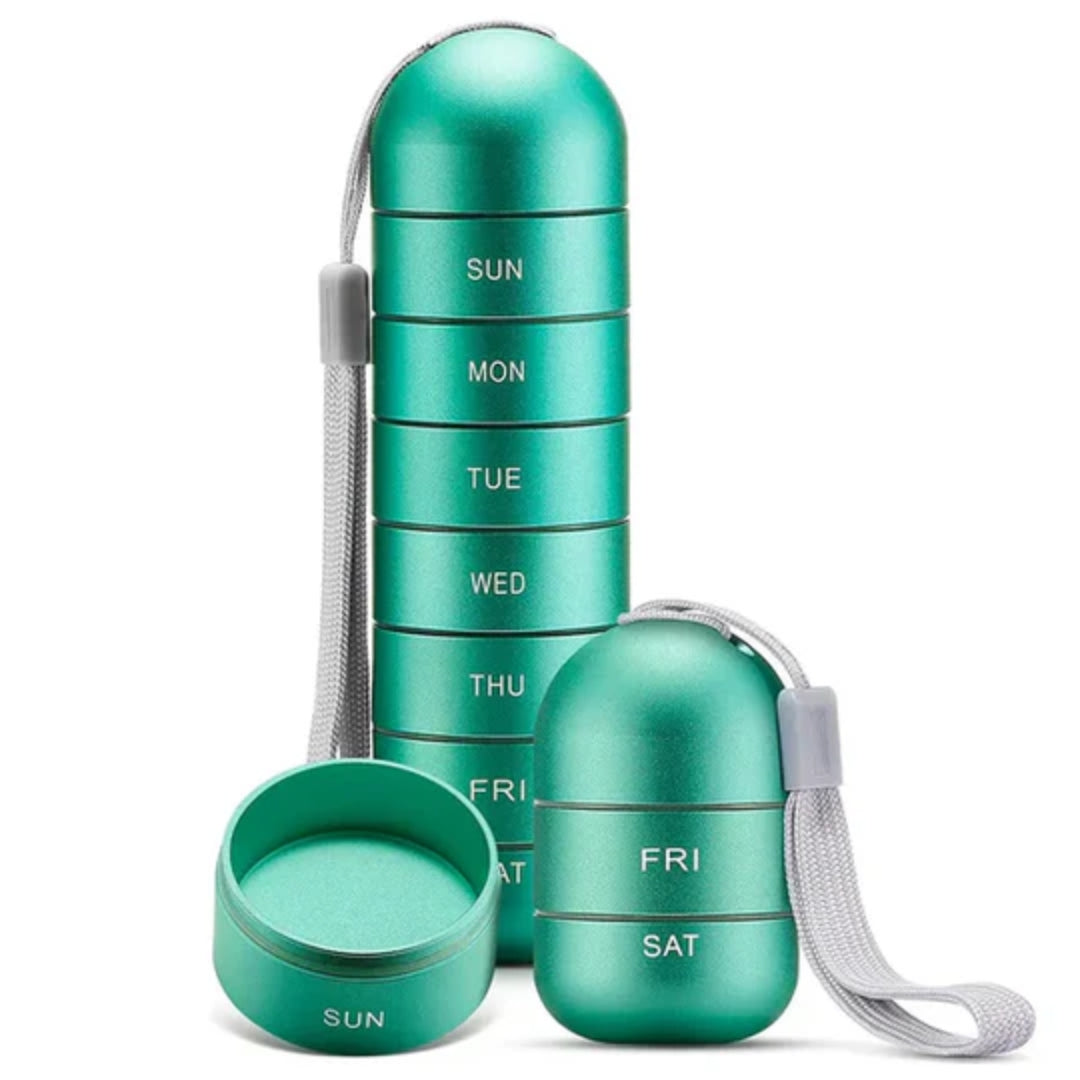 Weekly Pill Organizer Case with 7 Stackable Compartments – Aluminum Travel Medication Storage for Daily Vitamins & Supplements | Thomler