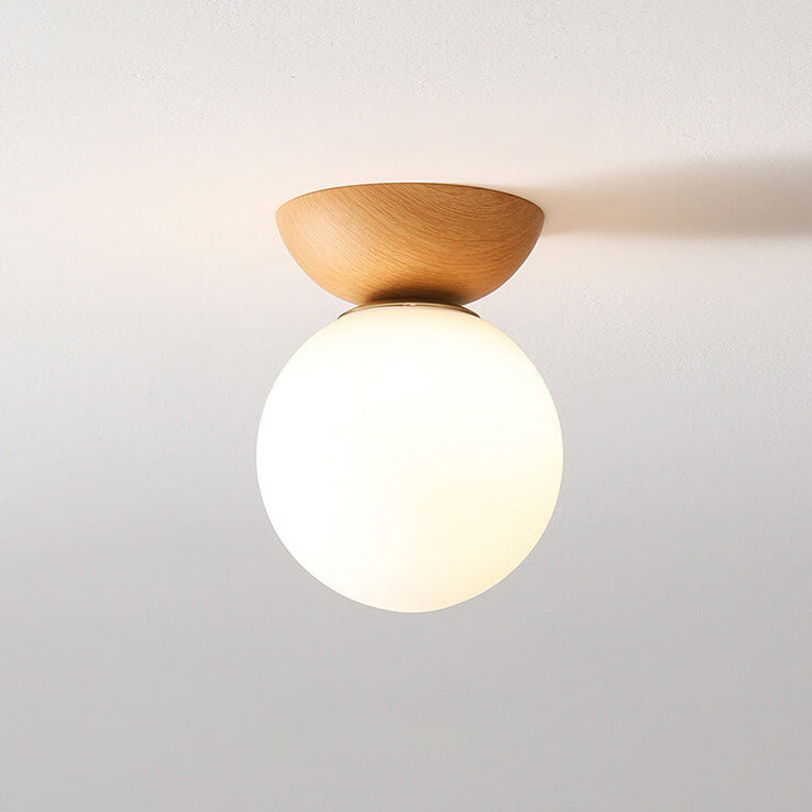Globe Glass Ceiling Light with Wood Grain Finish – Modern Flush Mount & Pendant Option for Living Room, Bedroom, Hallway – E14 Socket | Thomler