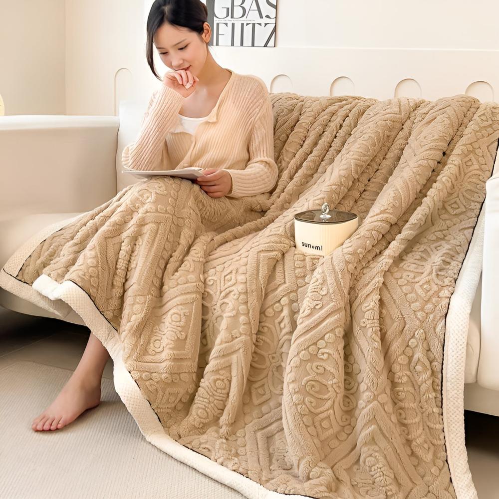 Carved Plush Throw with Sherpa Backing – Double-Sided Knit Blanket for Bed, Couch & Travel | Thomler