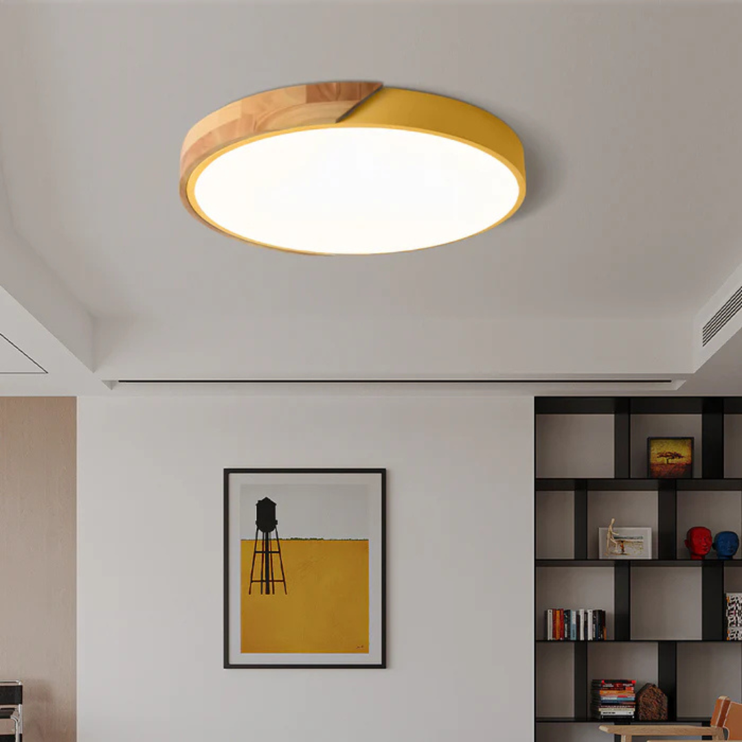 Round Wood Ceiling Light Fixture | Modern Scandinavian LED Flush Mount for Bedroom Living Room Kitchen | Thomler