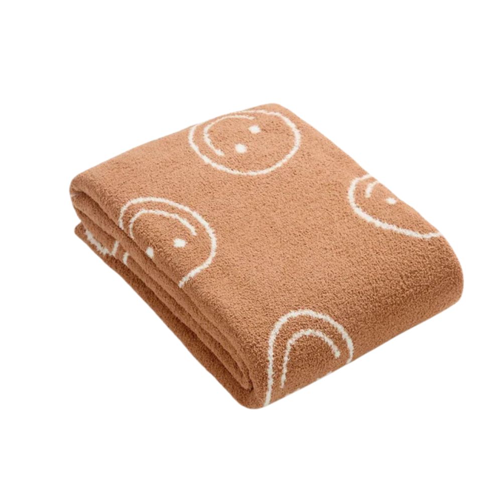 Cheerful Emoji Throw Blanket – Soft Knit Accent for Couch or Bed – Yellow Happy Face Design | Thomler