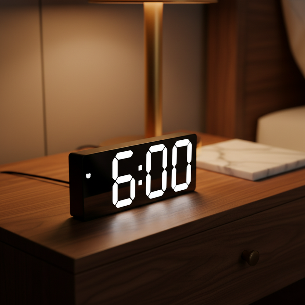 Mirrored LED Bedside Clock – Time, Temp & Alarm Display | Thomler