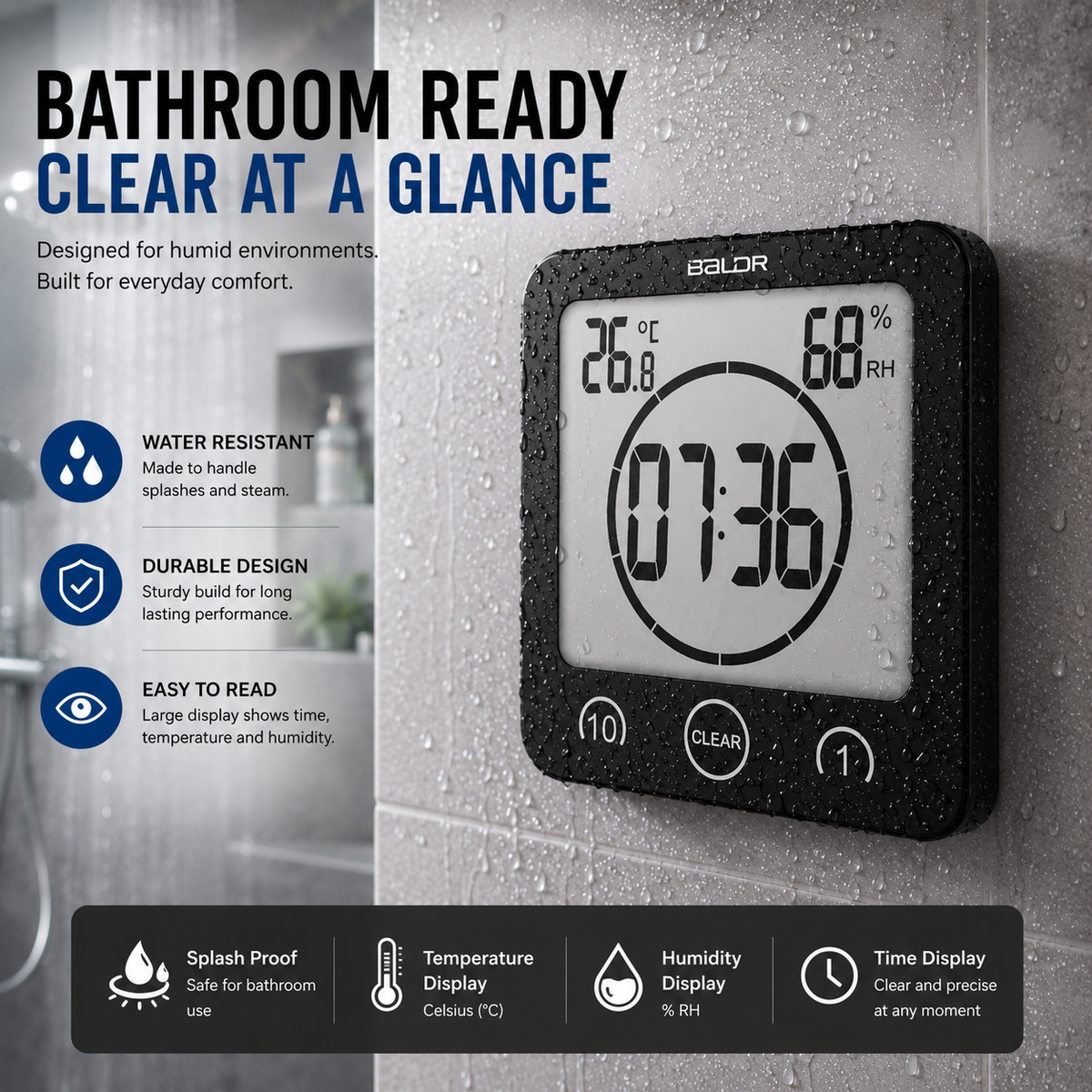 Waterproof Bathroom Shower Clock with Large Display for Time Management | Thomler