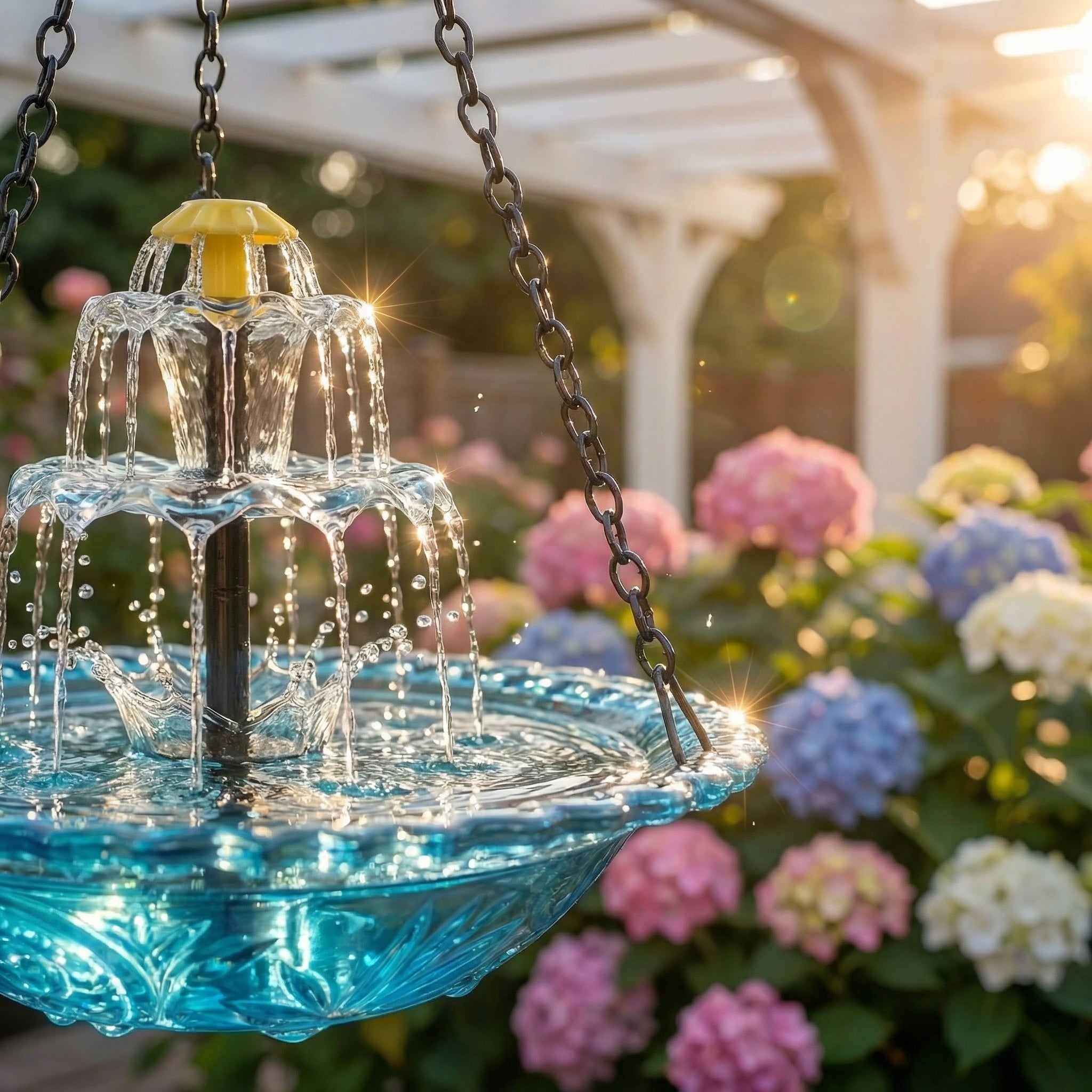 Solar-Springbrunnen mit Vogeltränke – kabellos, zweistufig, hängend
