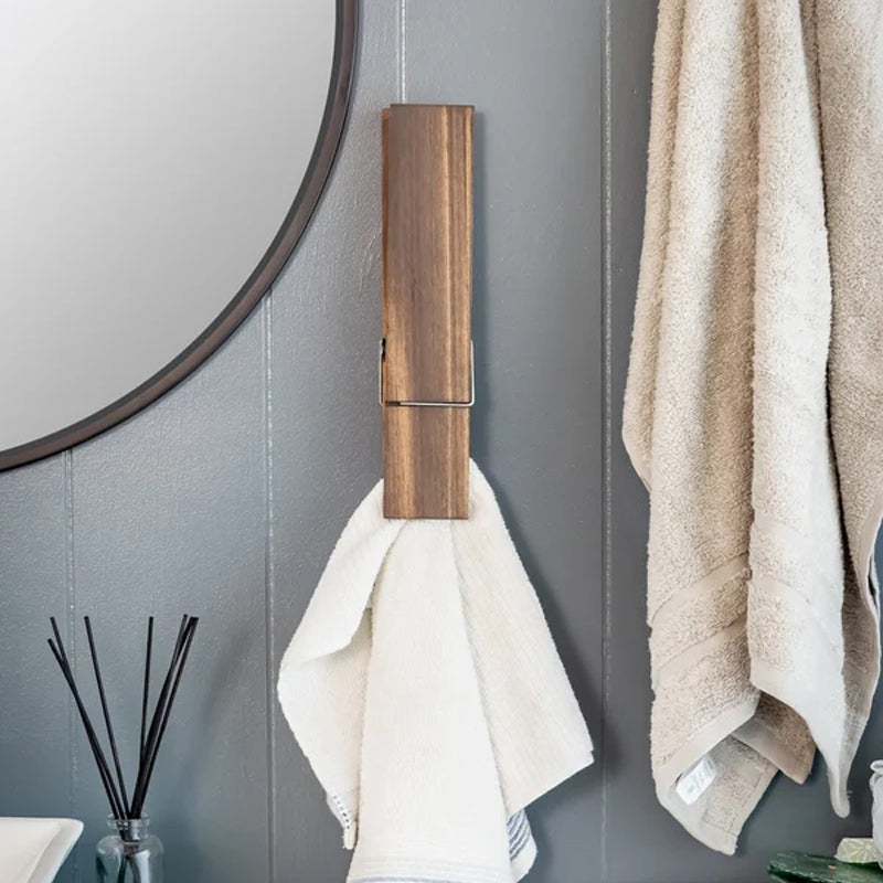 Oversized Wooden Clothespin Wall Hook for Towels & Clothes - Rustic Bathroom Organizer with Adhesive Backing - No Drill Installation | Thomler