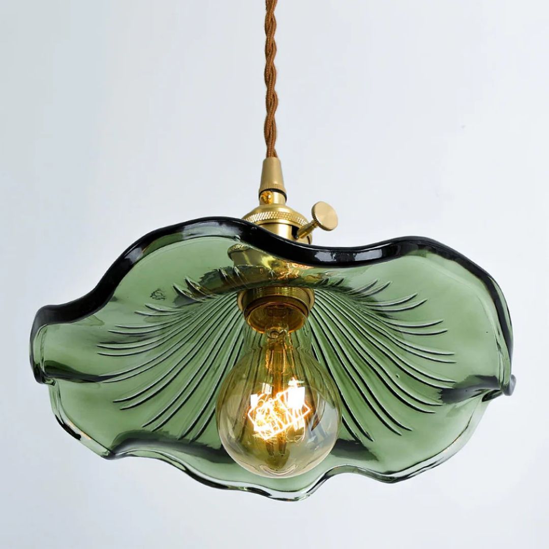 Pendant Light Glass Brass Flower Shade 23.0 cm Green Dining Room Bedroom Hanging Ceiling Lamp Retro Vintage Decorative | Thomler