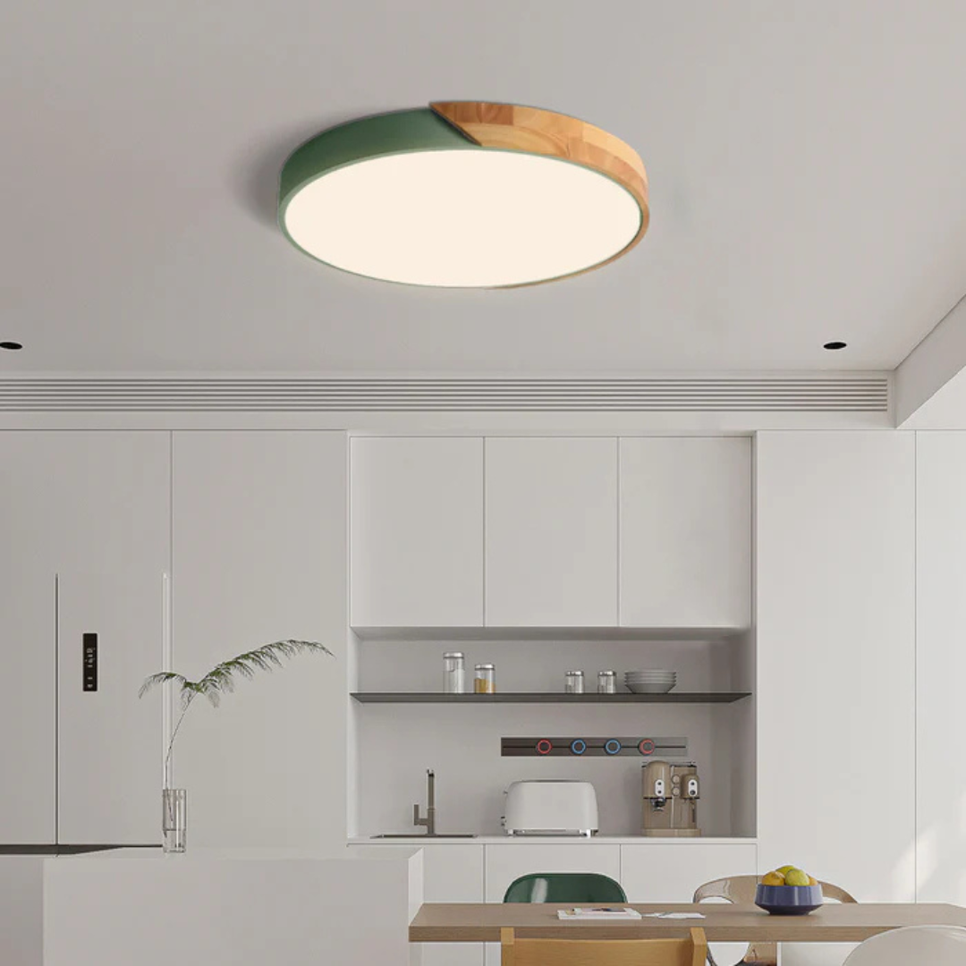Round Wood Ceiling Light Fixture | Modern Scandinavian LED Flush Mount for Bedroom Living Room Kitchen | Thomler