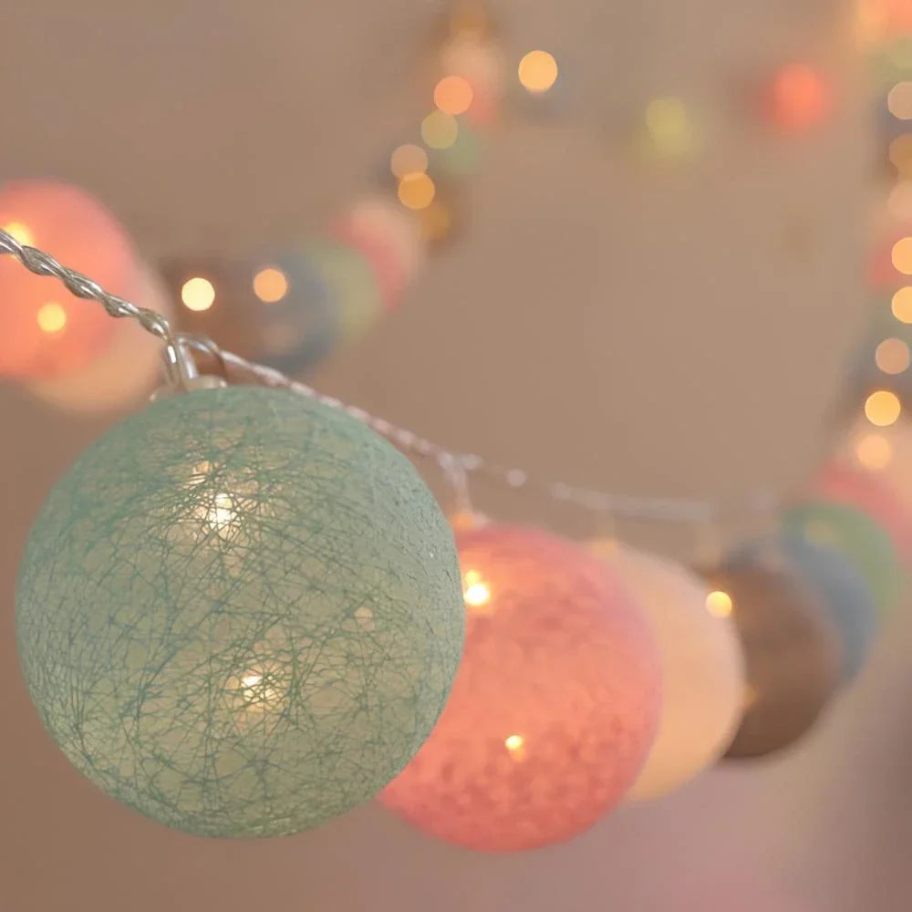 Cotton Ball String Lights LED Garland for Bedroom Living Room Nursery Party Decor USB or Battery Powered Ambient Lighting | Thomler