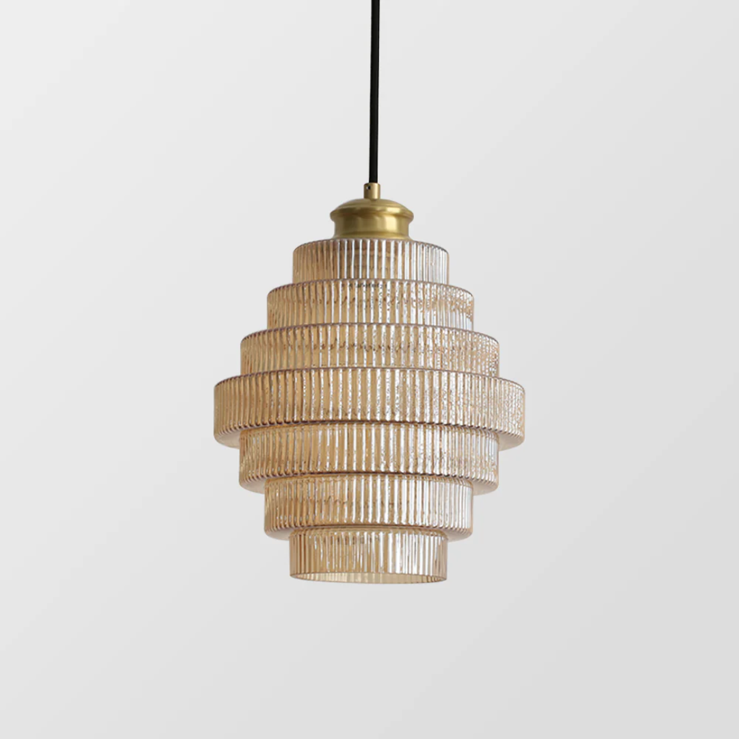 Pendant Light Ribbed Glass Brass Layered Shade Dining Room Kitchen Island Hanging Ceiling Lamp | Thomler