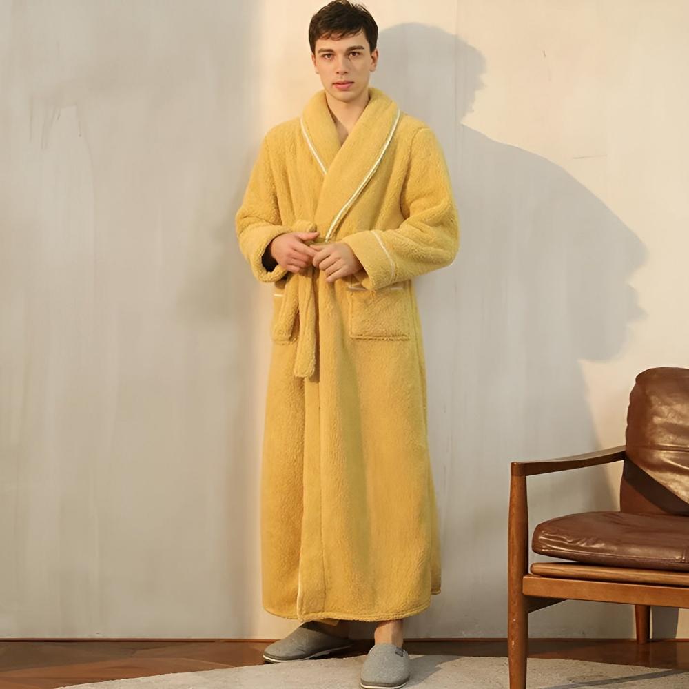 Plush Coral Fleece Bathrobe with Shawl Collar & Pockets – Unisex Lounge Robe for Year-Round Wear | Thomler