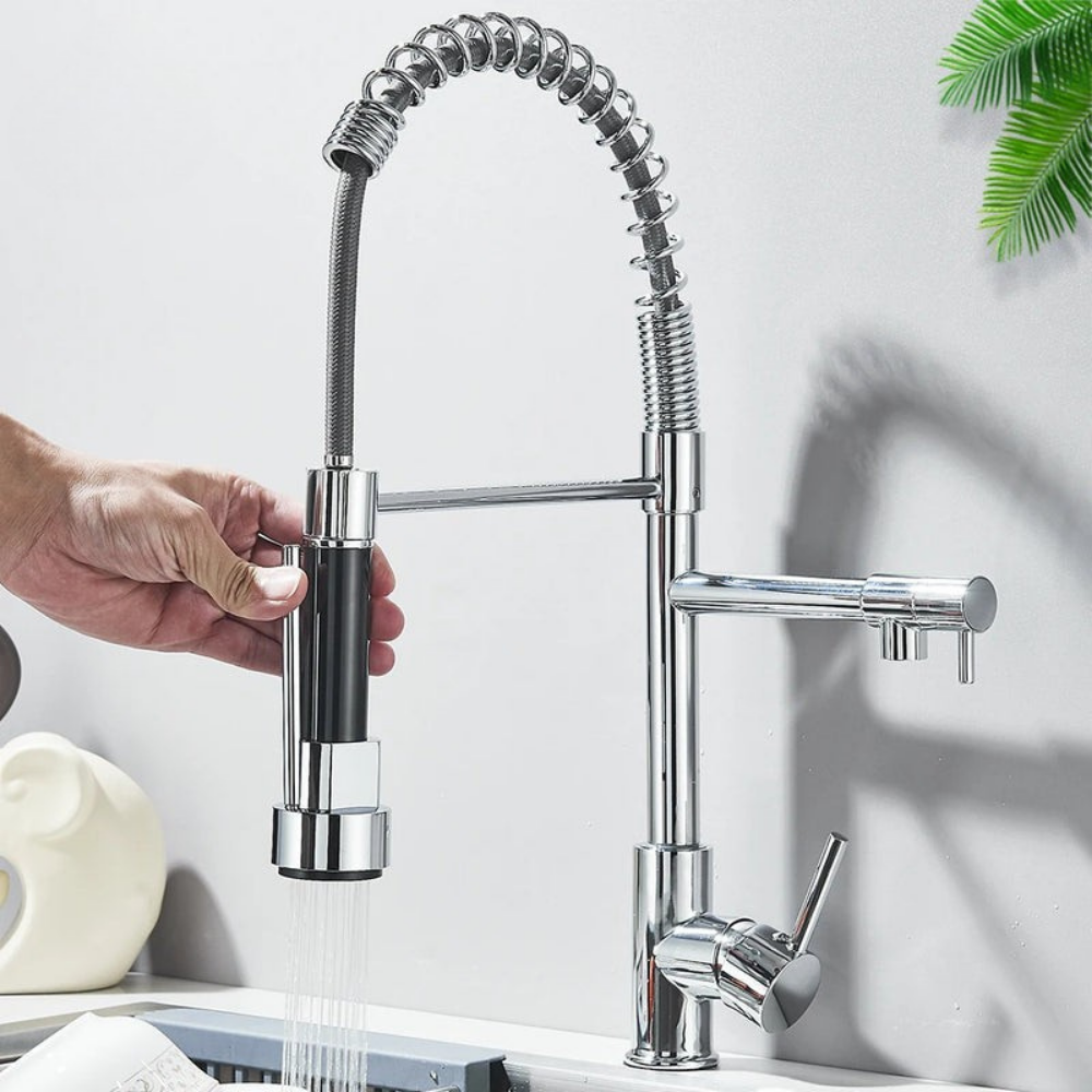 Swivel-Head Pull-Out Spray Sink Faucet – Hot & Cold Mixer Tap for Kitchen Countertop Installation – Chrome, Gold, Black & Brushed Finishes | Thomler