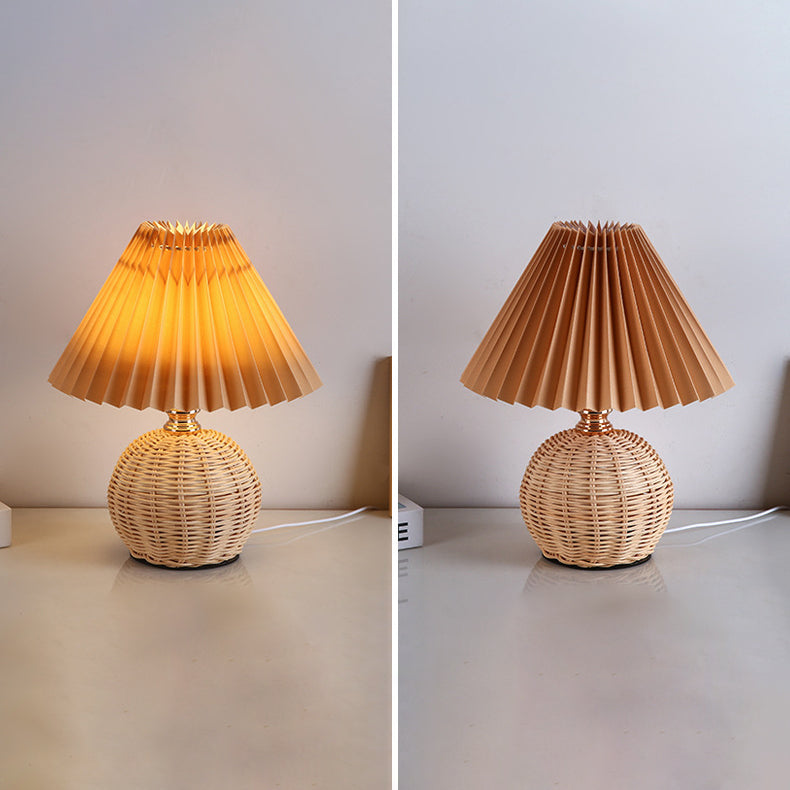 Nordic Rattan Table Lamp with Fabric Shade, USB Powered & Infinitely Dimmable LED Light for Bedroom, Living Room, Study | Thomler