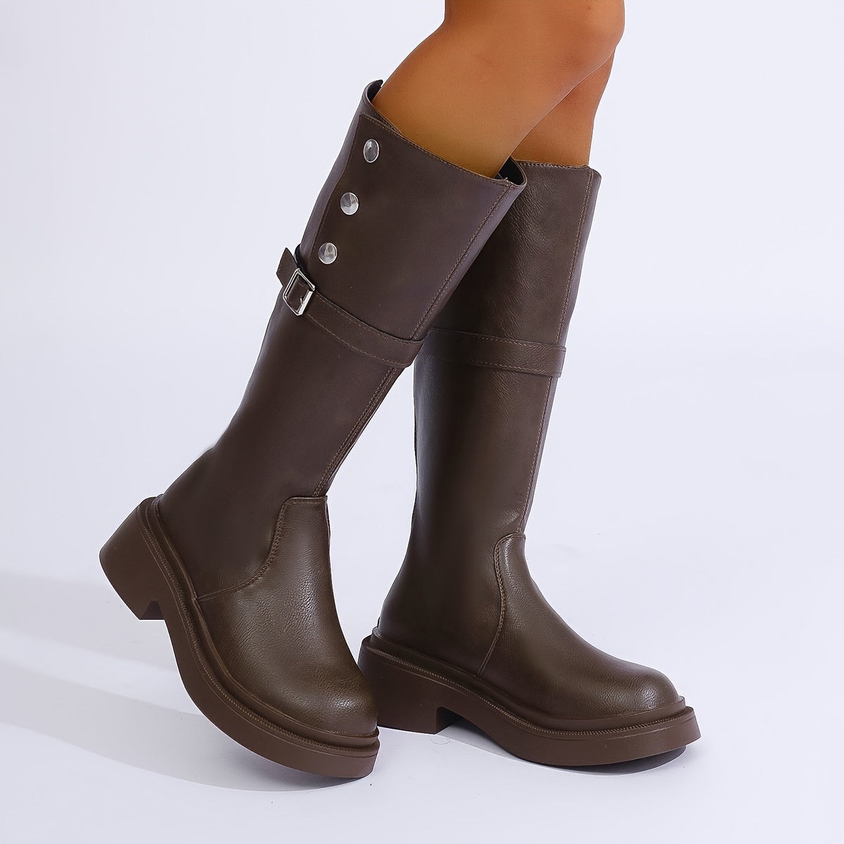 Women's Knee-High Boots with Block Heel & Buckle Accent – Round Toe Synthetic Leather Boots for Fall, Winter & Year-Round Wear | Thomler