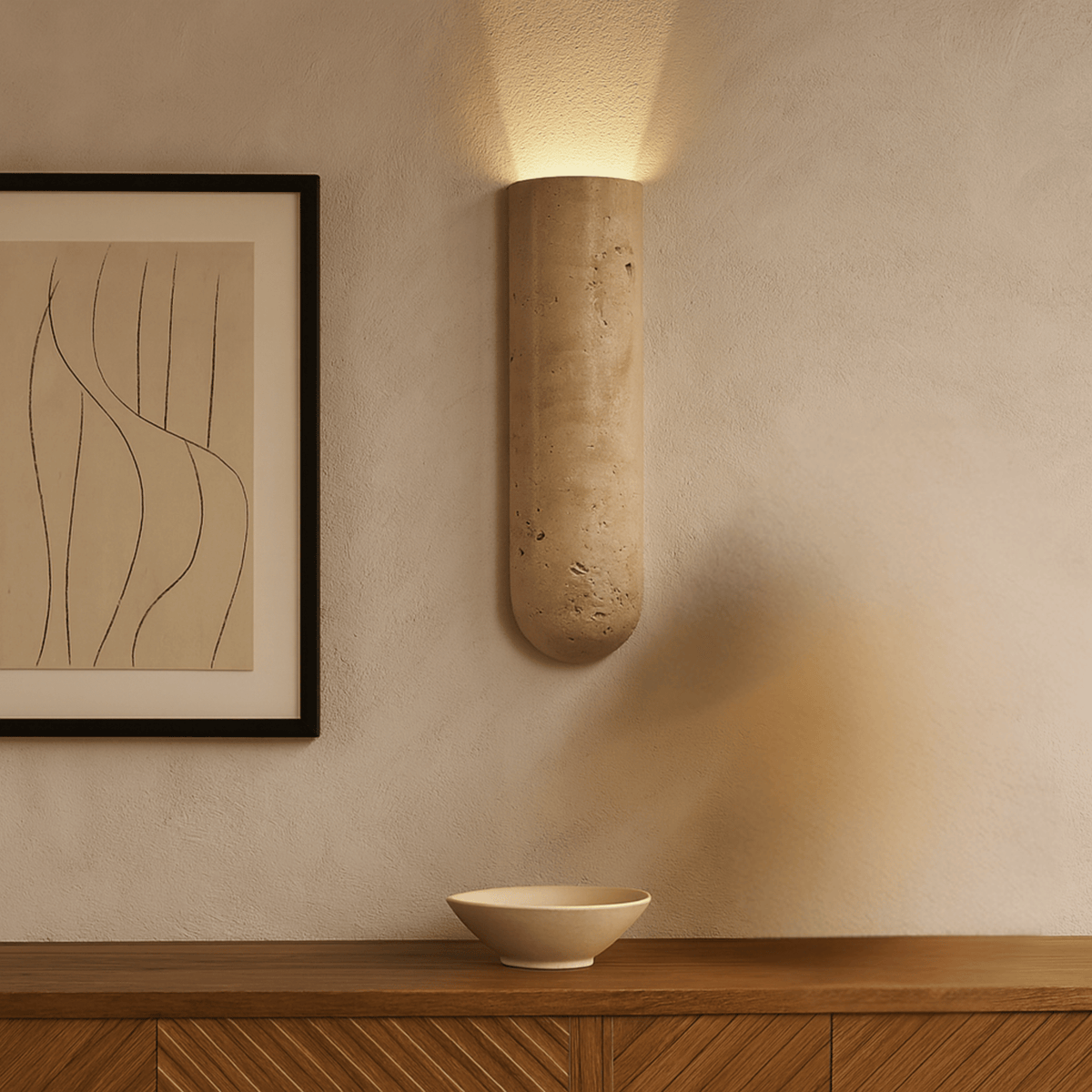 Carved Stone Wall Sconce with Uplight or Downlight – Natural Texture LED Fixture for Bedroom, Hallway & Living Room | Thomler